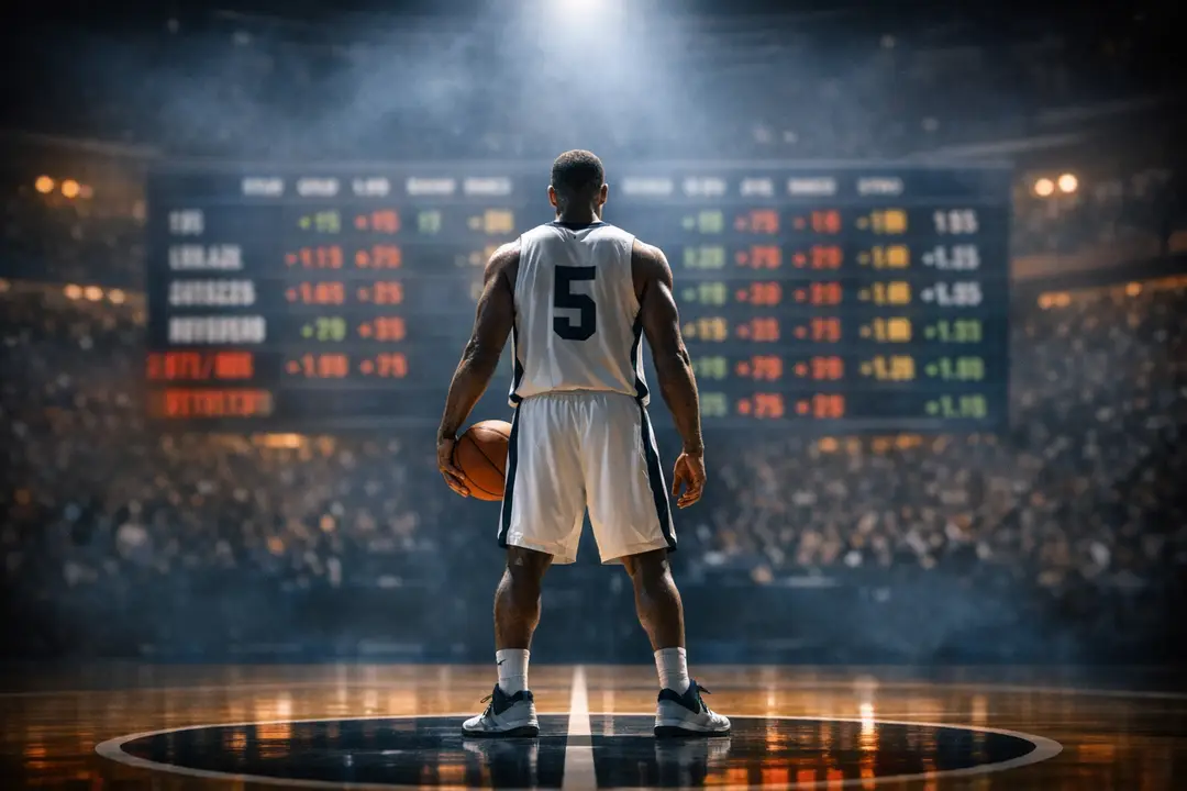 שחקן כדורסל NBA על רקע לוח הימורי Prop Bets דיגיטלי