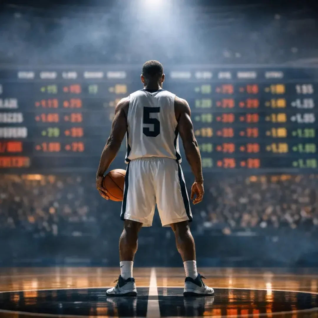 שחקן כדורסל NBA על רקע לוח הימורי Prop Bets דיגיטלי